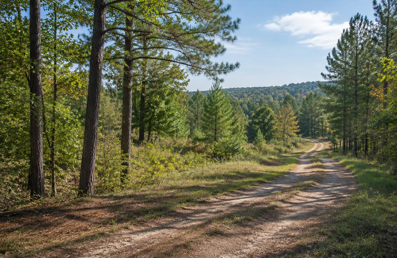 Woodland acreage with an access lane — AI-generated property illustration, not a verified local property